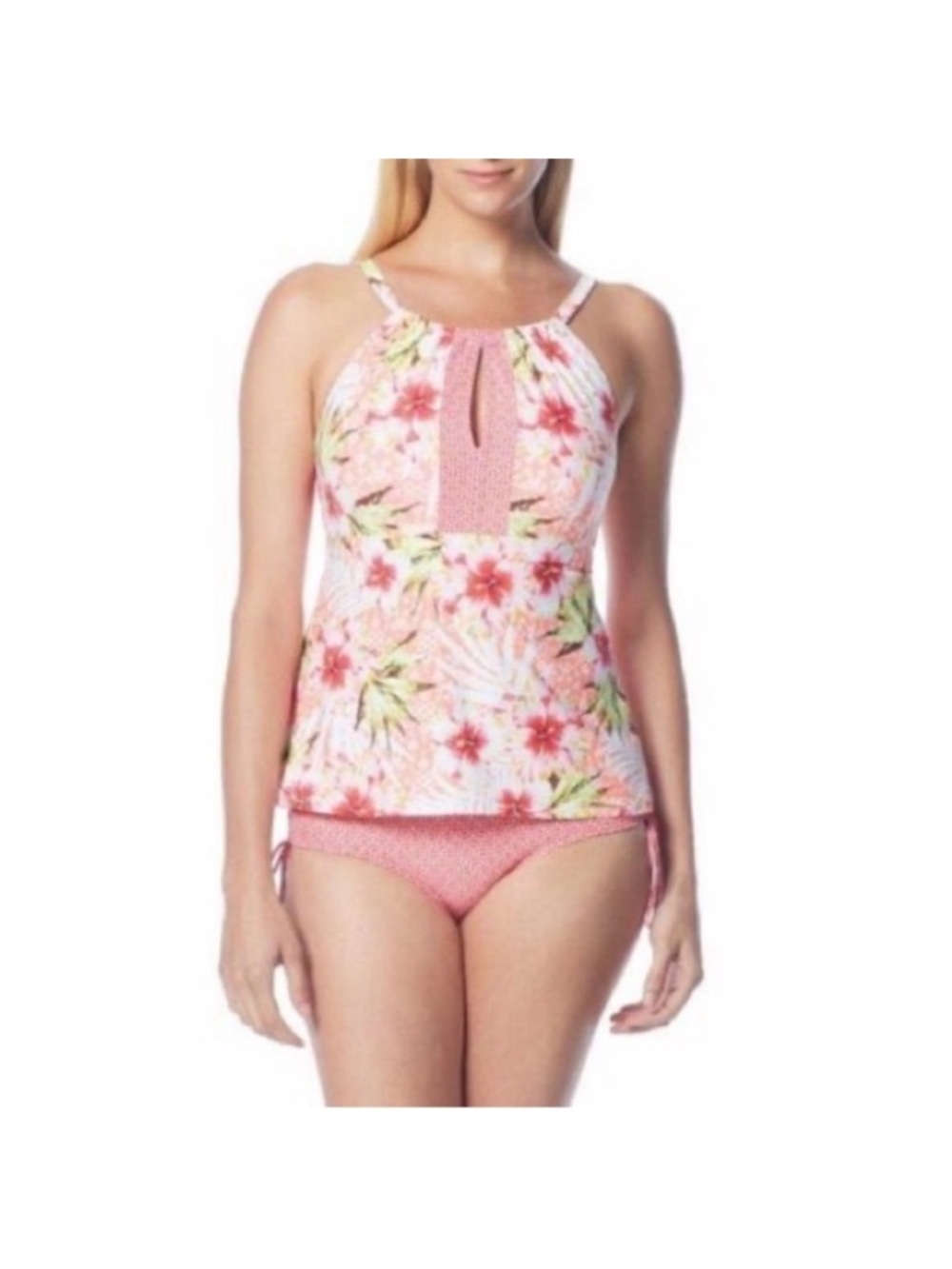 Women’s Size 6 Pink Floral Tankini Swim Top Keyhole Neck Tropical Swimwear